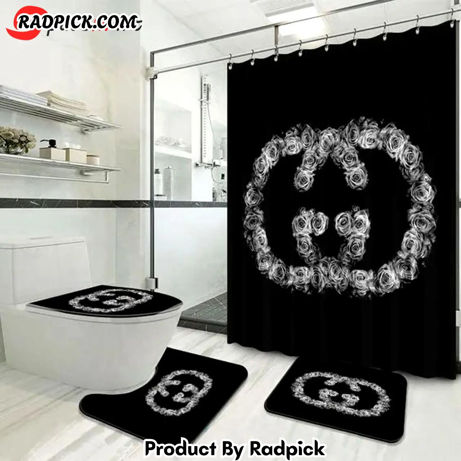 Gucci black flower bathroom set hot luxury shower curtain bath rug mat home decor 209 bathroom accessory sets rp387777